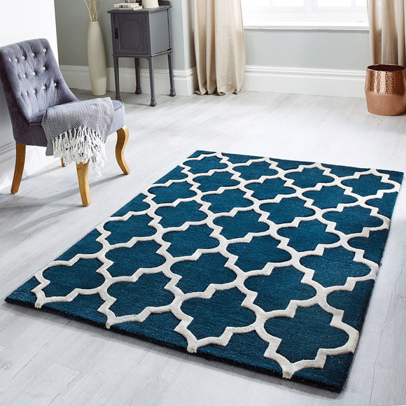 Hand Tufted Rug Emerald Green Moroccan Trellis Wool & Viscose Thick and Heavy Natural Carpet for Living Room Bedroom