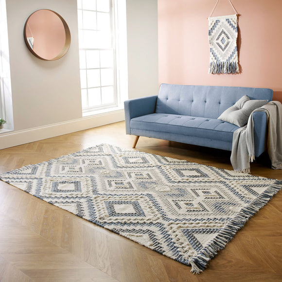 Wool Rug Handmade Grey Navy Blue Ethnic Indian Rug Naturarl Carpet Living Room Bedroom Mat