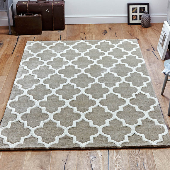 Hand Tufted Rug Beige Moroccan Trellis Wool & Viscose Thick and Heavy Natural Carpet for Living Room Bedroom