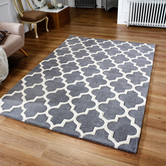 Hand Tufted Rug Grey Moroccan Trellis Wool & Viscose Thick and Heavy Natural Carpet for Living Room Bedroom