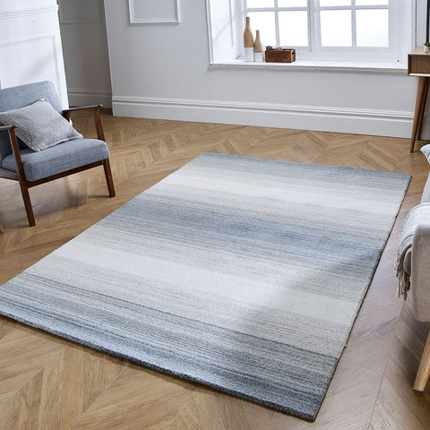 Wool Rug for Living Room Bedroom Handicraft Striped  Grey Cream Middle Pile Natural Carpet Mat Grey