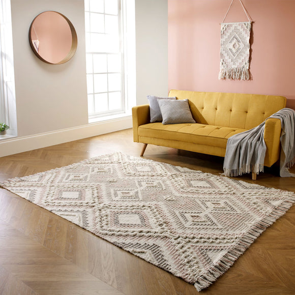 Wool Rug Handmade Grey Blush Pink Ethnic Indian Rug Nautral Carpet Living Room Bedroom Mat