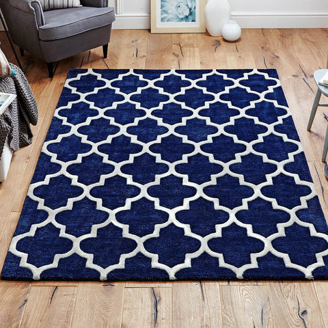 Navy Blue Rug Hand Tufted Moroccan Trellis Wool & Viscose Thick and Heavy Natural Carpet for Living Room Bedroom