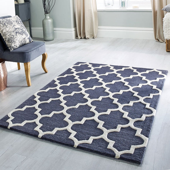 Slate Rug Dark Grey Hand Tufted Moroccan Trellis Wool & Viscose Thick and Heavy Natural Carpet for Living Room Bedroom