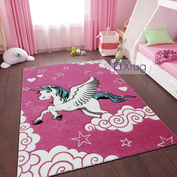Kids Pink Rug Unicorn Girls Nursery Carpet Childrens Mat Woven Play Room Mat for Baby Girls Bedroom