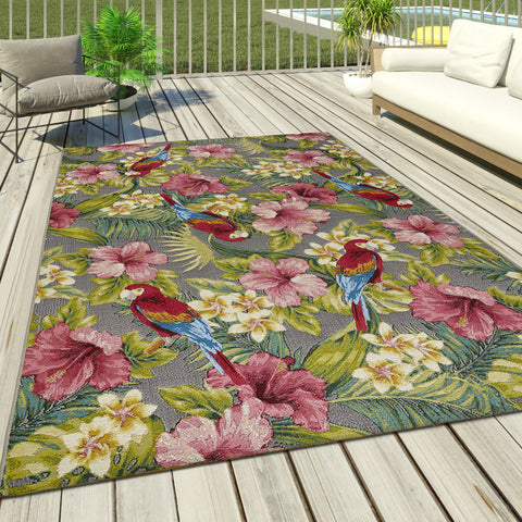 Outdoor Rug Grey Tropical Multicolour Floral Pattern Extra Large Small Decking Patio Garden