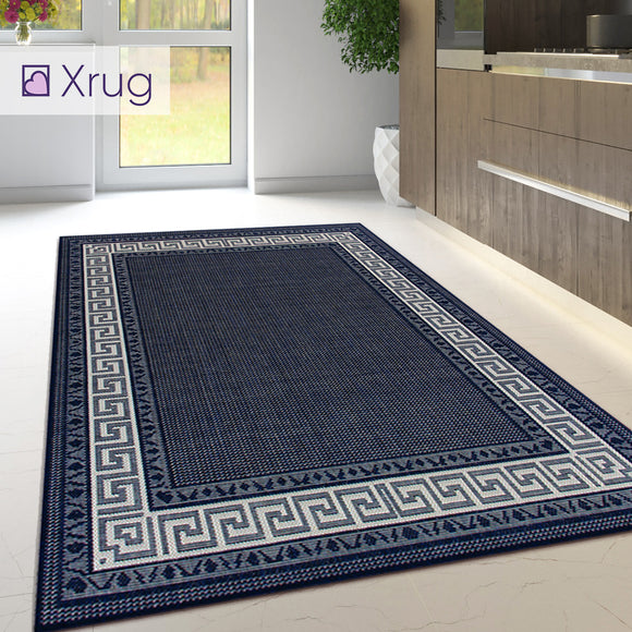Navy Rug Carpet Non Slip Blue Greek Key Border Style Kitchen Mat Small Large Runner