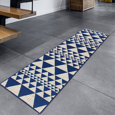 Non Slip Runner Rug Navy Blue Cream Indoor Geometric Carpet Flatweave