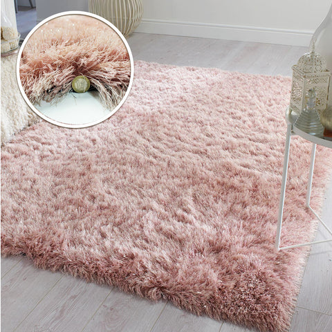 Blush Pink Rug Soft Fluffy Sparkle Shaggy Carpet Woven Thick Rug Mat Large Small