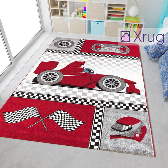 Childrens Car Rug Red Grey White Kids Play Carpet Small Large Baby Boys Room Mat