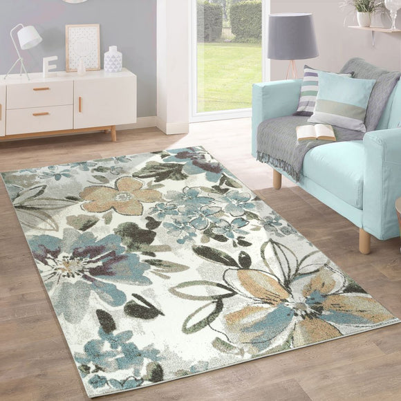 Designer Rug Cream Green Blue Multicolored Floral Pattern Carpet Small Large Mat