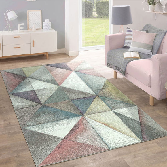 Pastel Colours Rug Multicolored Diamond Geometric Pattern Large Small Carpet Mat