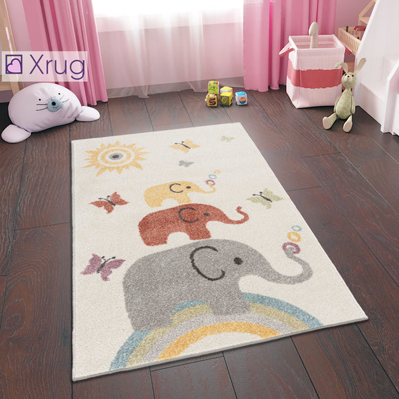 Elephant Nursery Rug Cream Kids Bedroom Carpet Baby Playroom Mat 80x120 cm