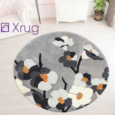 Modern Grey Floral Rug Thick Soft Carpet Mustard Hand Carved Pattern Small Large Circle
