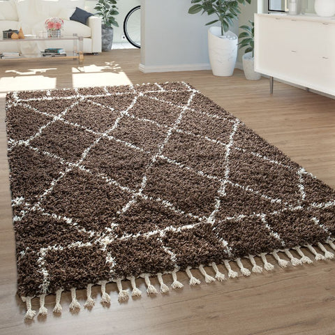 Brown Shaggy Rug Thick Soft Tassels Fluffy Carpet Large XL& Small Living Room