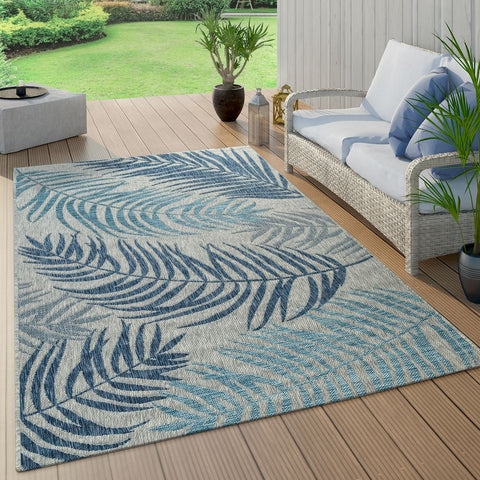 Flatweave Outdoor Rug Grey Blue Palm Design Garden Patio Decking Floor Area Mats