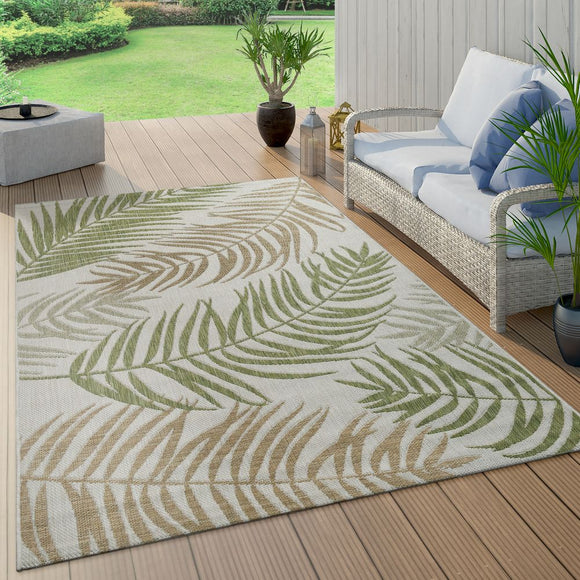 Outdoor Rug Large Cream Green Palm Design Garden Patio Decking Floor Area Mats