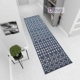 Blue Cotton Rug Runner Washable Flat Weave Carpet Moroccan Diamond Pattern Large Small Mat