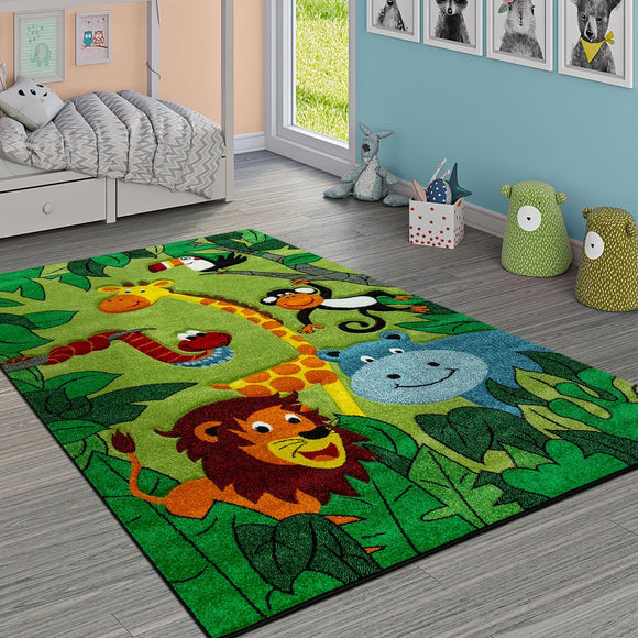 Kids Jungle Rug Lion Hippo Giraffe Monkey Carpet Large Small Nursery Green Mat