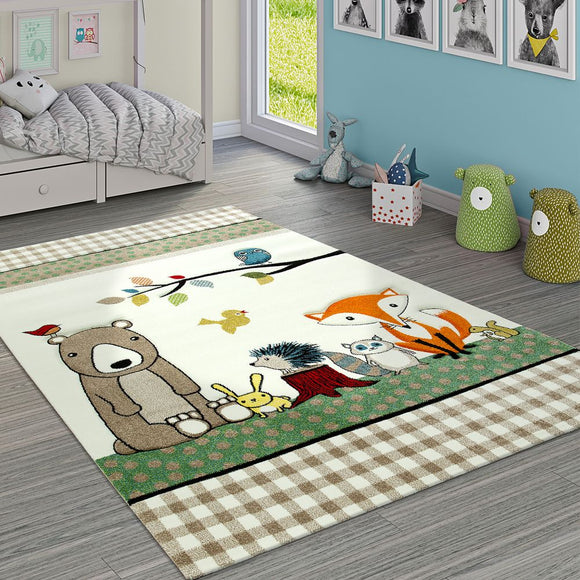 Rug for Kids Beige Cream Forest Animals Fox Bear Thick Large Small Play Carpet