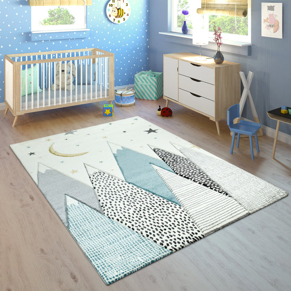 Children's Rug Grey Cream Thick Playroom Carpet Mountain Moon Stars Nursery Mat