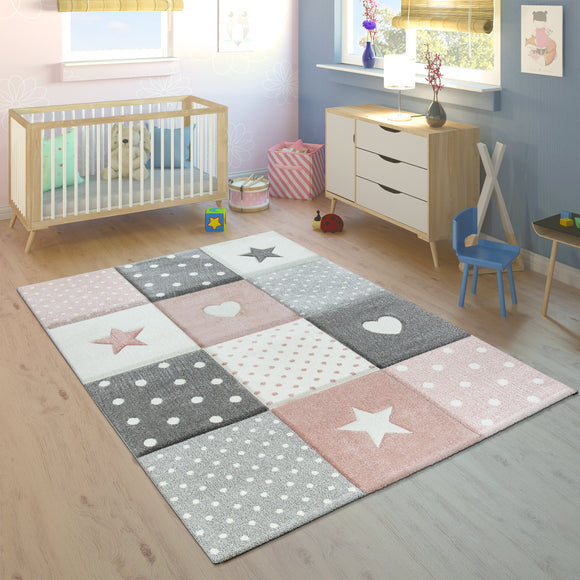 Girls Bedroom Rug Pink Grey Star Hearts Rug Thick Woven Carpet Large Small Sizes