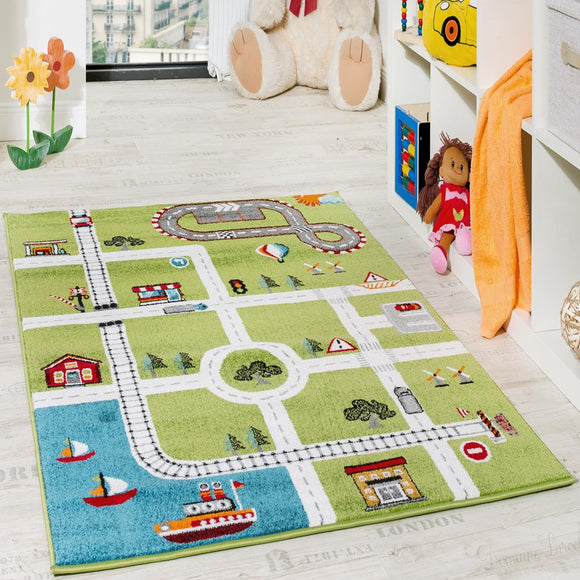 Kids Rug Large Green City Road Carpet Thick Heavy Easy Care Playroom Bedroom Mat