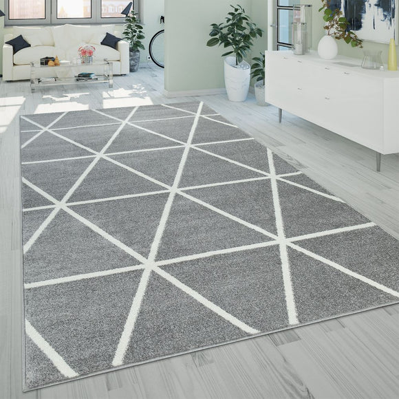 Large Rug Grey Cream Geometric Design Pattern Robust Carpet for Living Room Area