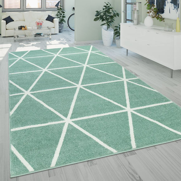 Pastel Green Rug Diamond Geometric Scandi Style Large Small Living Room Carpet