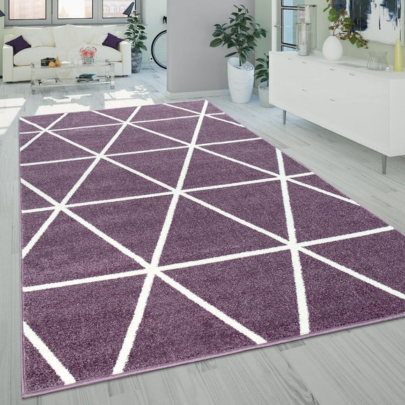 Purple Cream Rugs Large Geometric Diamond Design Living Room Rug Short Pile Mat