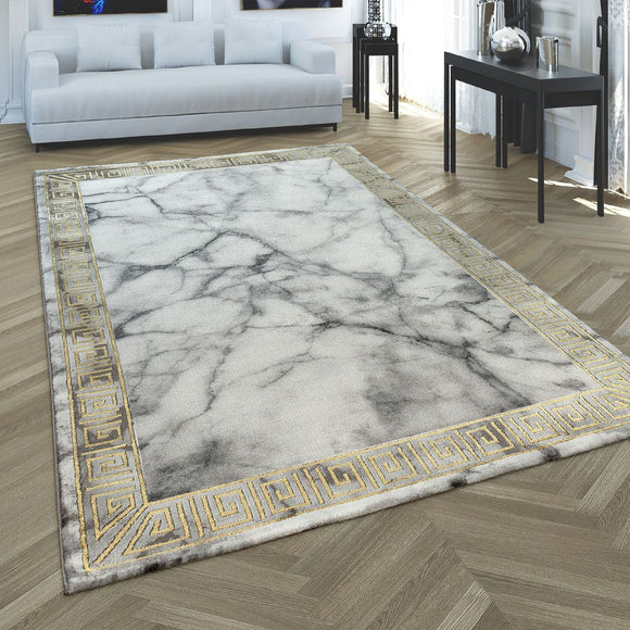 Marble Thick Rug Grey and Gold Border Pattern Carpet Large XL Small Living Room
