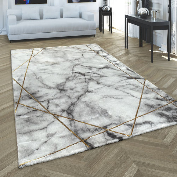Modern Rug Grey Silver Gold Marble 3D Effect Large XL Small Thick Area Carpet
