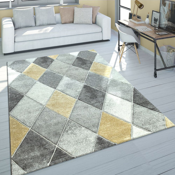 Gold and Grey Rug Pastel Colours Diamond Geometric Pattern Large Heavy Thick Mat