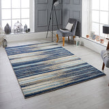 Striped Rug Navy Blue Grey Yellow Distressed SOFT Pattern Bedroom Large Carpet
