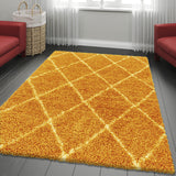 Shaggy Rug Yellow Mustard Gold Soft Fluffy Geometric Diamond Carpet Large XL Small for Bedroom Living Room