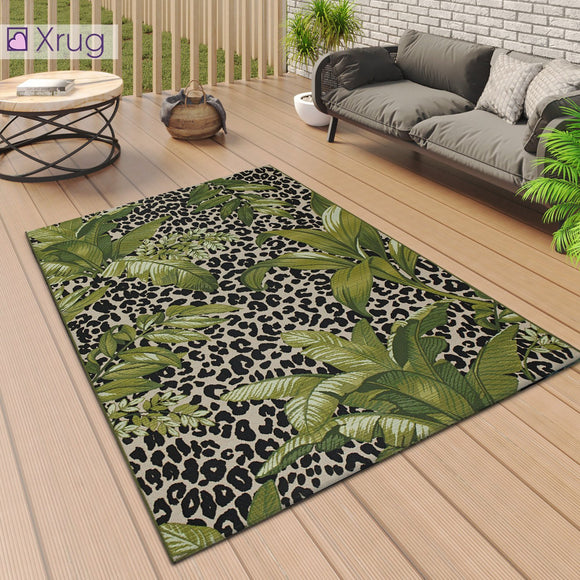 Outdoor Rug Tropical for Decking Patio Garden Large Small Mat Cream Green Black Leopard Floral Palm Pattern 