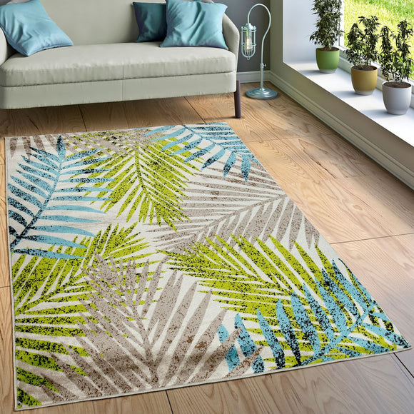 Leaf Rug Cream Green Blue Beige Colours Small Large Carpet Living Room Area Mat