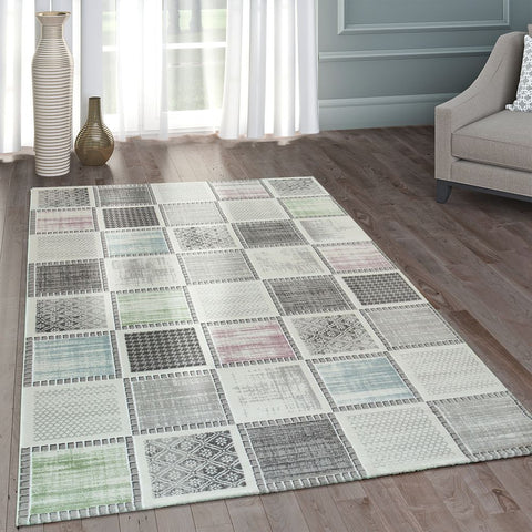 Modern Geometric Rug Grey Pastel Colours Patchwork Pattern Living Room Large Mat