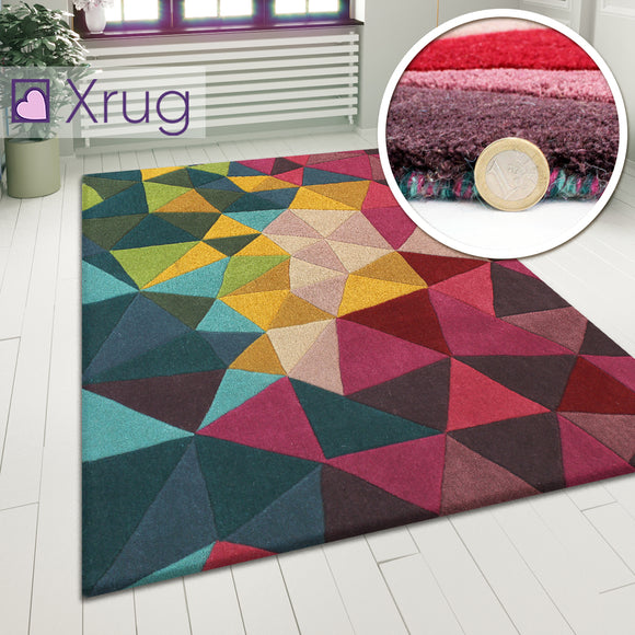 Wool Rug Abstract Multicoloured Carpet Modern Natural Thick Geometric Area Mat