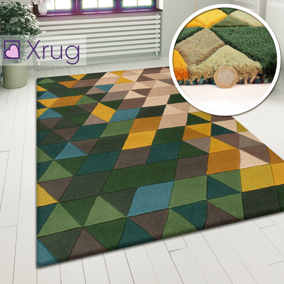 Designer Wool Rug Green Yellow Beige Geometric Natural Carpet Large Small Thick Area Mat