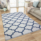 Cotton Rug Cream Washable Navy Blue Trellis Pattern XL Large & Small Flatweave Natural Living Room Bedroom Carpet