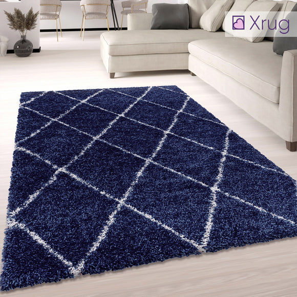 Shaggy Rug Navy Blue Fluffy Carpet Large Small XL Diamond Geometric Pattern