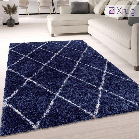 Shaggy Rug Navy Blue Fluffy Carpet Large Small XL Diamond Geometric Pattern