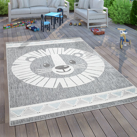 Outdoors Kids Rug Grey Lion 3D Print Decking Garden Children Patio Play Room Mat