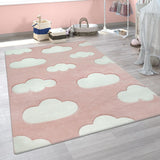 Kids Rug Pink Girls Rugs Clouds Woven Thick Childrens Bedroom Carpet Large Small