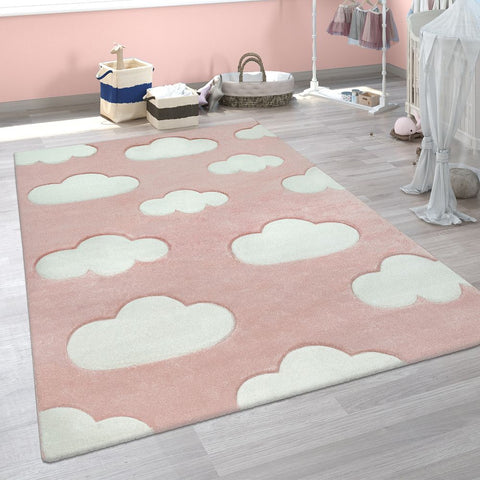 Kids Rug Pink Girls Rugs Clouds Woven Thick Childrens Bedroom Carpet Large Small