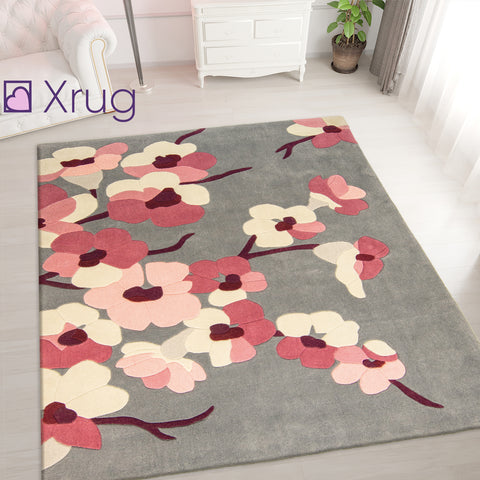 Pink Grey Rug Thick Soft Carpet Hand Carved Floral Pattern Small Large XL Circle