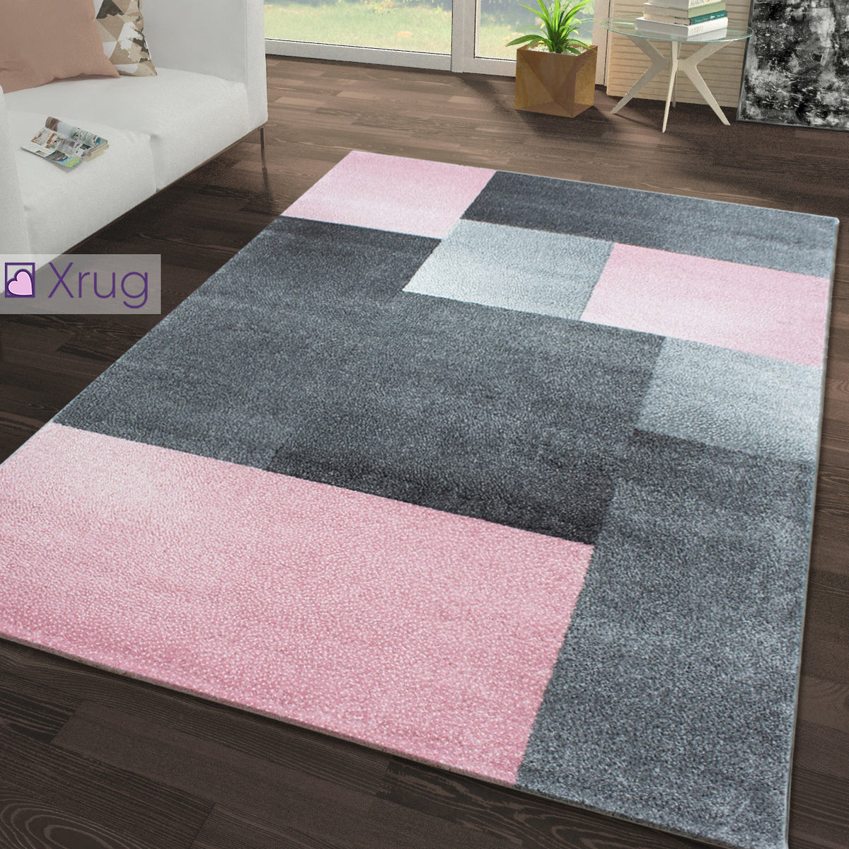 Grey Pink Rug Large Small XL Geometric Patterned Rug Living Room Carpe