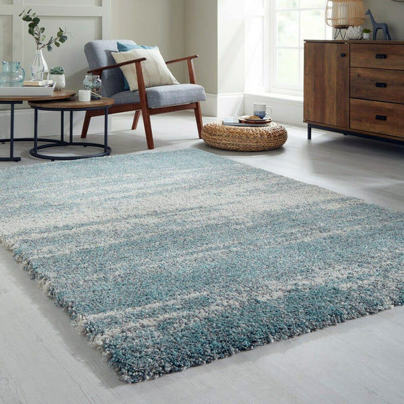 Blue Ombre Rug Soft Fluffy Teal Grey Cream Shaggy Carpet Distressed Bedroom Mat