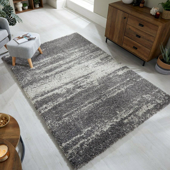 Grey Rug Fluffy Soft Thick Cream and Grey Ombre Shaggy Modern Carpet Bedroom Mat